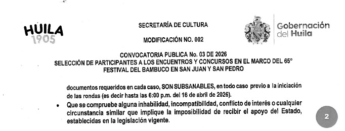 Corposanpedro informa modificación a la Convocatoria Pública No. 03 de 2026 del 65° Festival del Bambuco